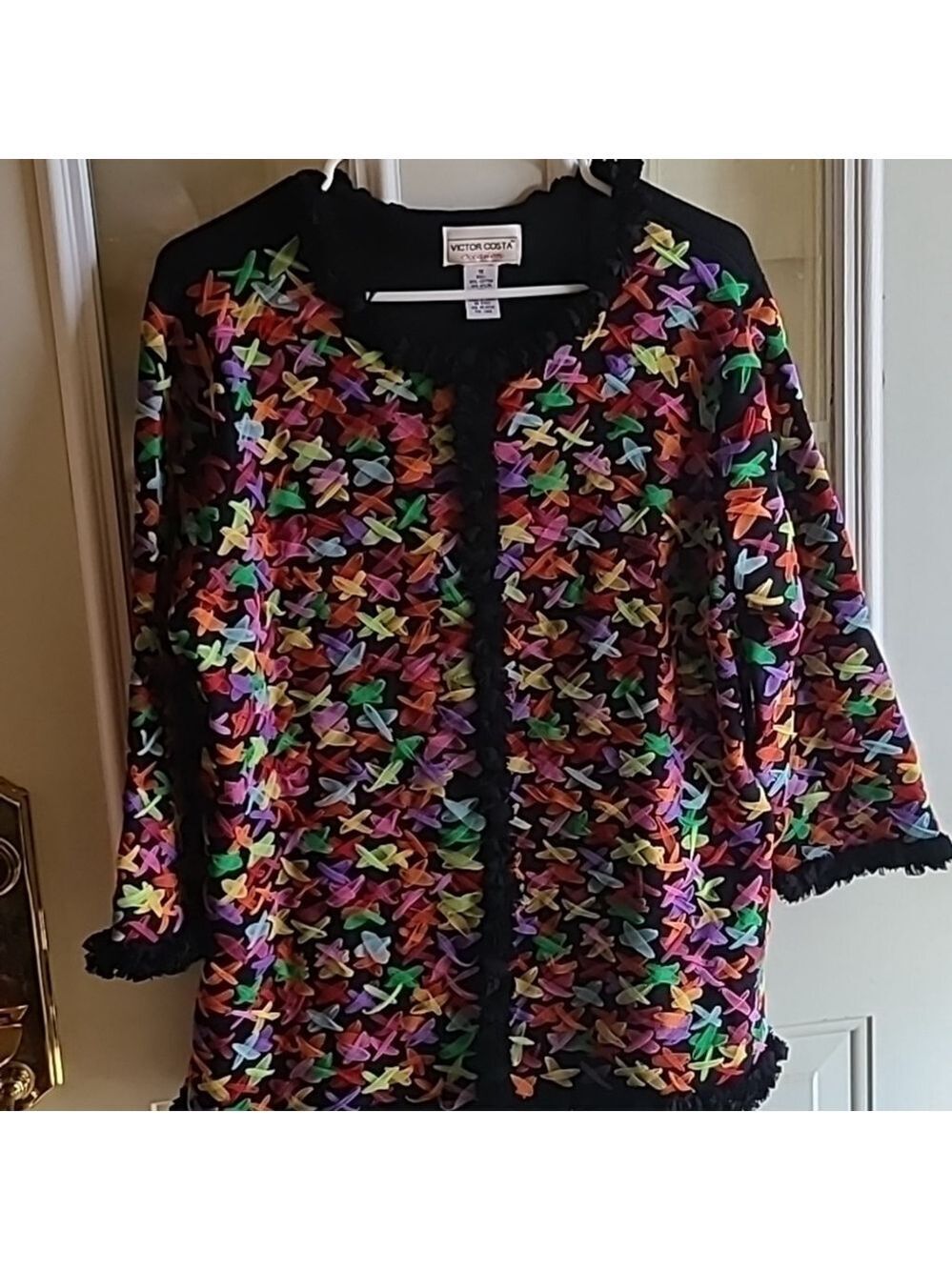 Victoria Costa occasion black sweater with colorful gauze ribbon sz. 1X.(1593A)